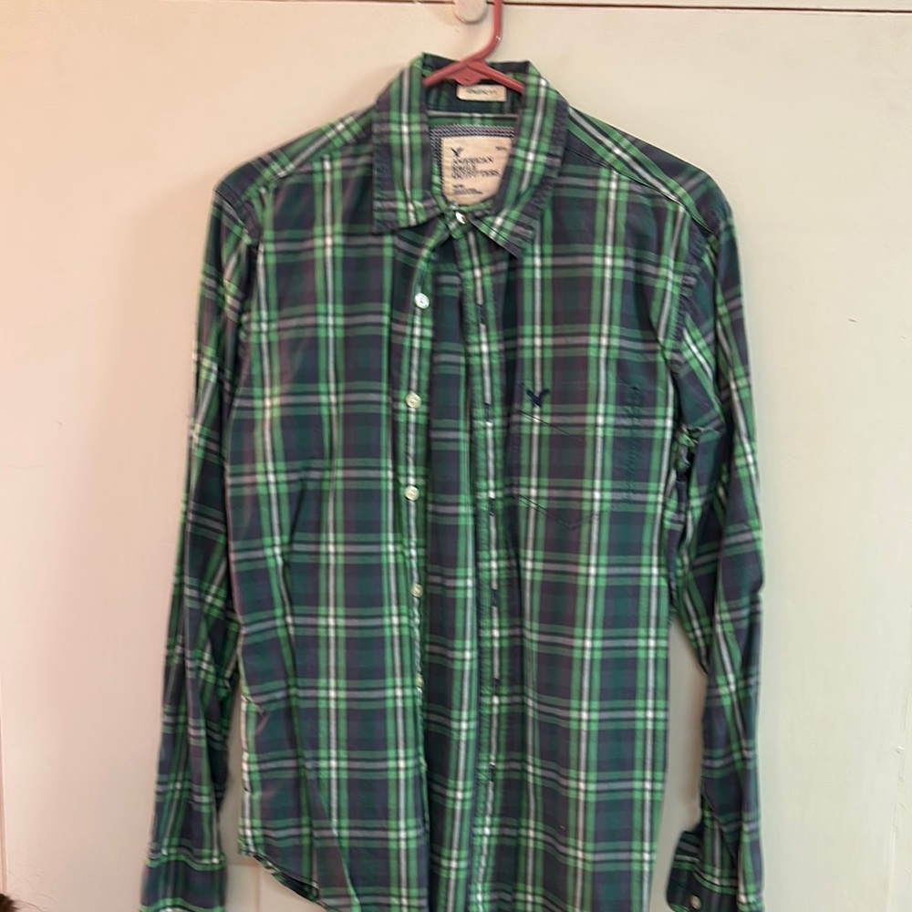 American Eagle Outfitters Green and Blue Casual Button Down Shirt